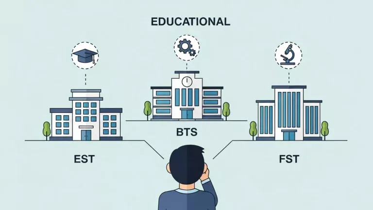 Illustration showing the three main technical education paths in Morocco: EST, BTS, and FST.