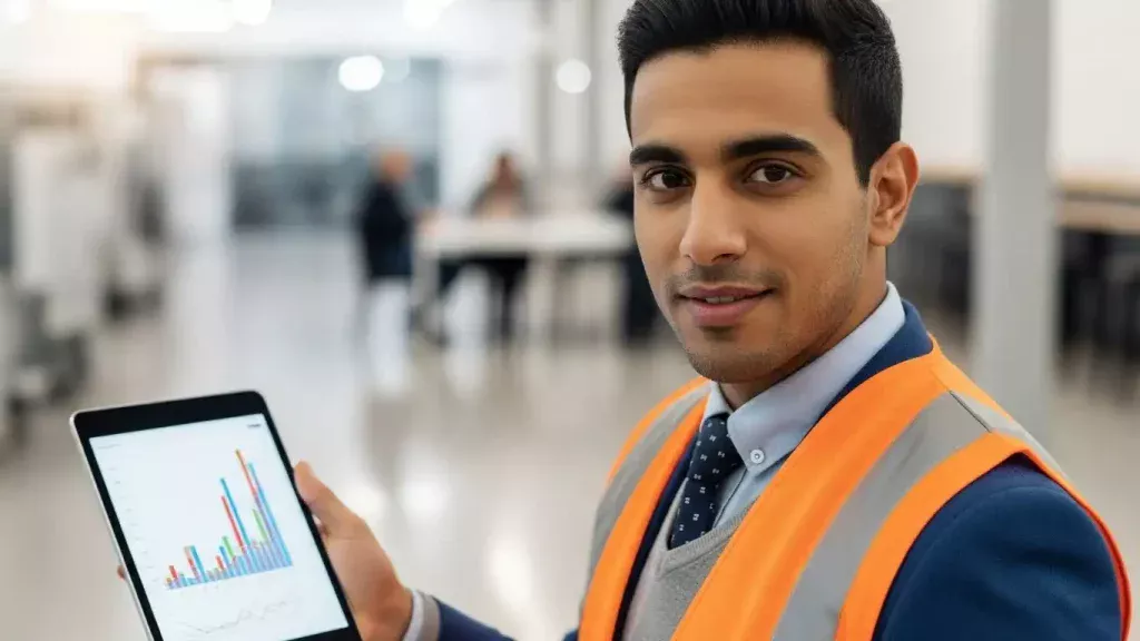 A focused young Moroccan student wearing safety gear analyzing data on a tablet inside a modern factory environment.