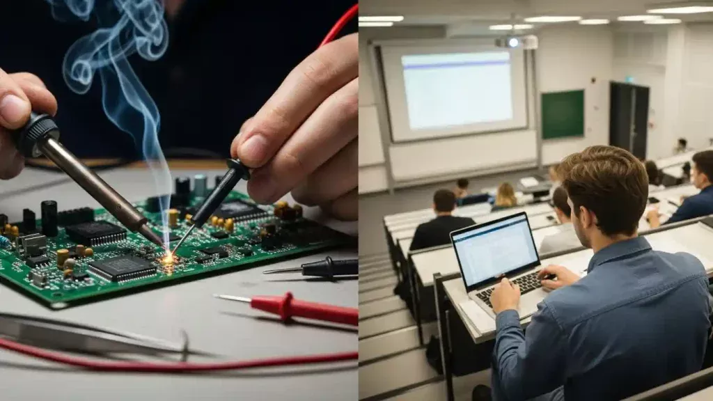 Comparison between practical technical training in BTS and academic study in FST and EST.