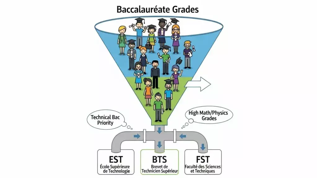 Diagram explaining the selection criteria and access thresholds for EST, BTS, and FST schools.